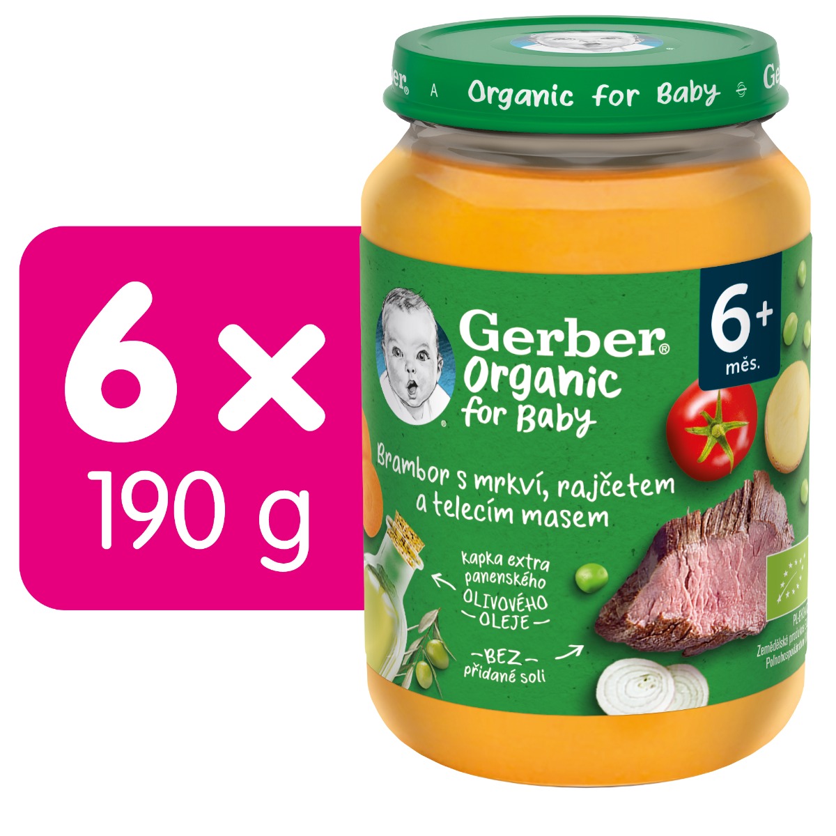 Gerber Organic Zelenina s telecím masem BIO 6m+ 6x190 g