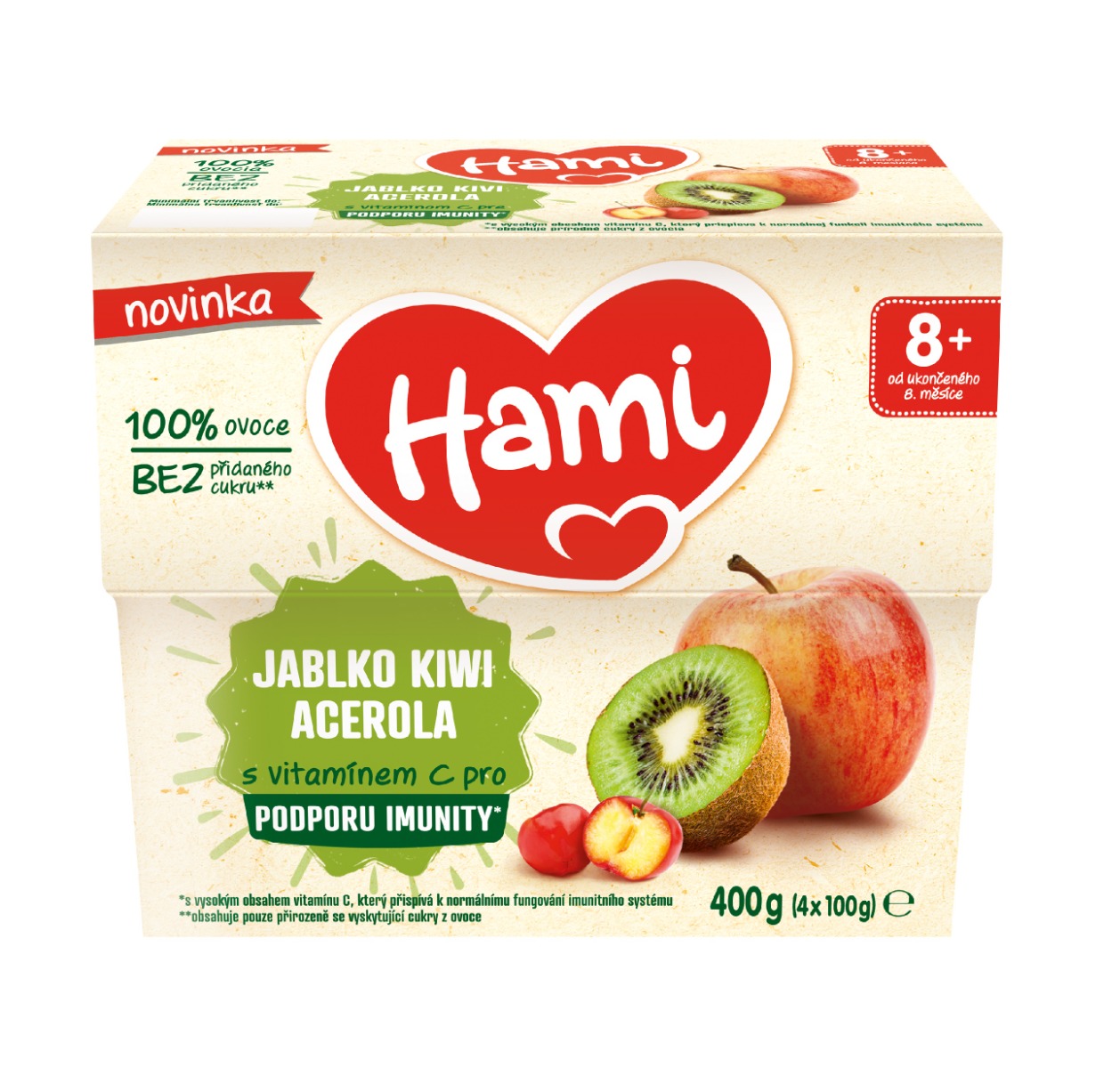 Hami 100% ovoce Jablko kiwi a acerola 8m+ 4x100 g