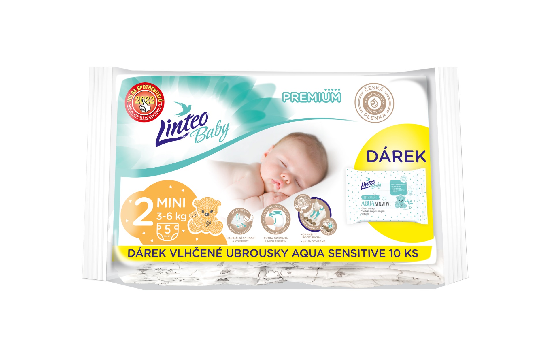 Linteo Baby PREMIUM 2 Mini 3-6 kg dětské plenky 5 ks +dárek