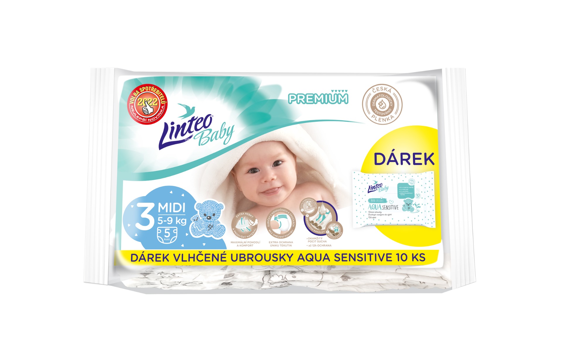 Linteo Baby PREMIUM 3 Midi 5-9 kg dětské plenky 5 ks +dárek